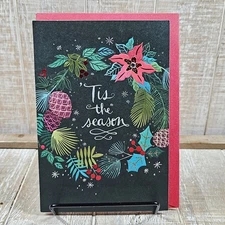 Hallmark Christmas Greeting Card Black Poinsettia Pine Jewel Season Red 5x7
