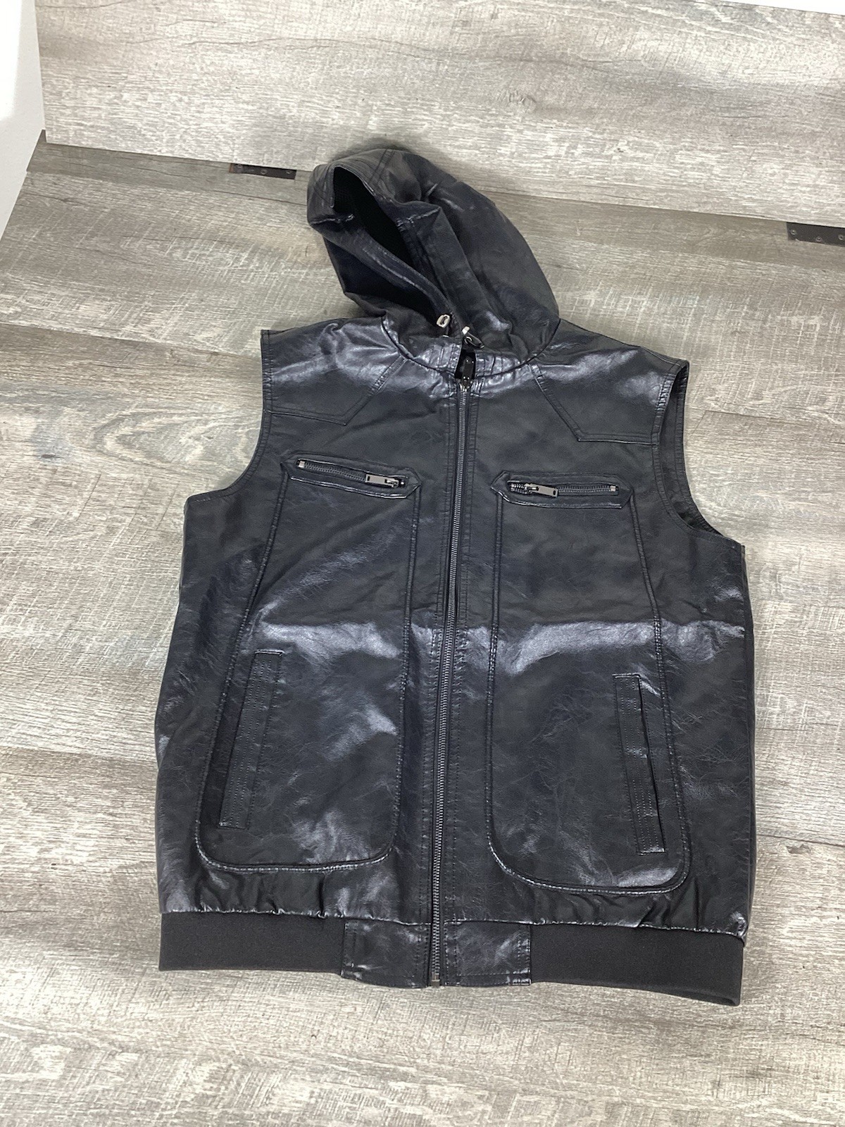 Men’s Black Faux Leather Vest Hooded Moto Biker Zip Up PU Sleeveless Jacket L