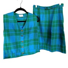 Vintage 60s Wool Skirt Vest Set Plaid Preppy Secretary Office Twiggy Winter