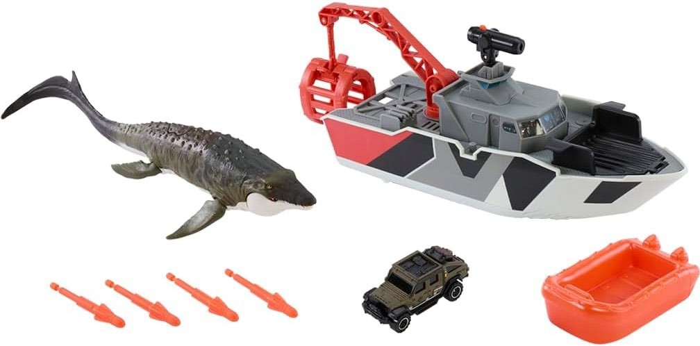 Jurassic World Rebirth Matchbox Mosasaurus Rescue Action Boat
