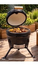 Black Glossy Ceramic Kamado Charcoal Grill, Small, Thermometer, Tripod Legs