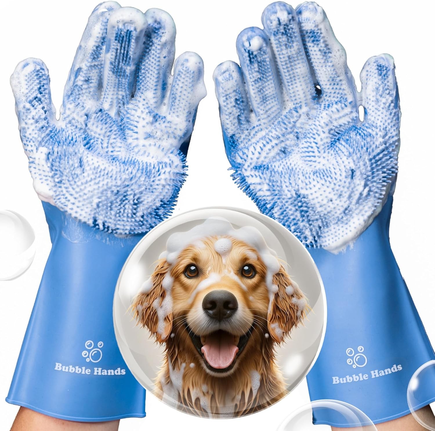 Silicone Dog Washing Gloves with Bristles for Bathing Pets - Reusable & Blue