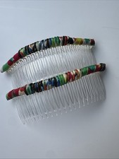 Vintage Extra Large 5" XL Colorful Fabric Hair Comb Pair 80s Red Green White