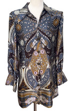 Anna Paul 100% Silk Paisley Mini Dress Tunic Blue Brown Boho Made in USA Size M
