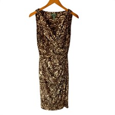 Lauren Ralph Lauren Faux Wrap Sleeveless Dress Jersey Knit Cream Brown Size 4