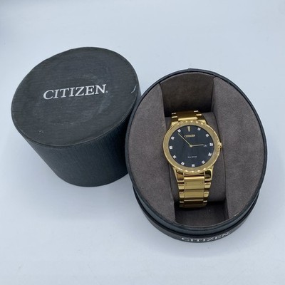 Citizen Eco-Drive Watch J165 Gold Tone Bracelet Black Dial Crystal Markers WORKS