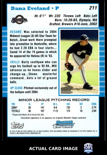 2005 Bowman Chrome #211 DANA EVELAND Milwaukee Brewers AUTO RC EX - Picture 2 of 4