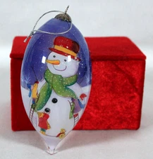 RARE! VTG 2009 LI BIEN SNOWMAN REVERSE PAINTED GLASS CHRISTMAS ORNAMENT NIB