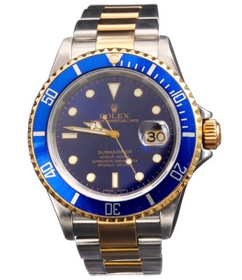 Rolex Submariner Blue Sub 18k Yellow Gold Stainless Steel Watch No Holes 16613