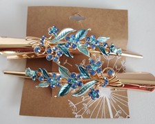 Gold Tone Metal Blue Green Rhinestone Floral Flower Barrette Hair Clip