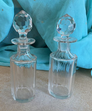 2X Vintage Cut Glass Perfume Bottles with Faceted Stoppers 15cm 6”