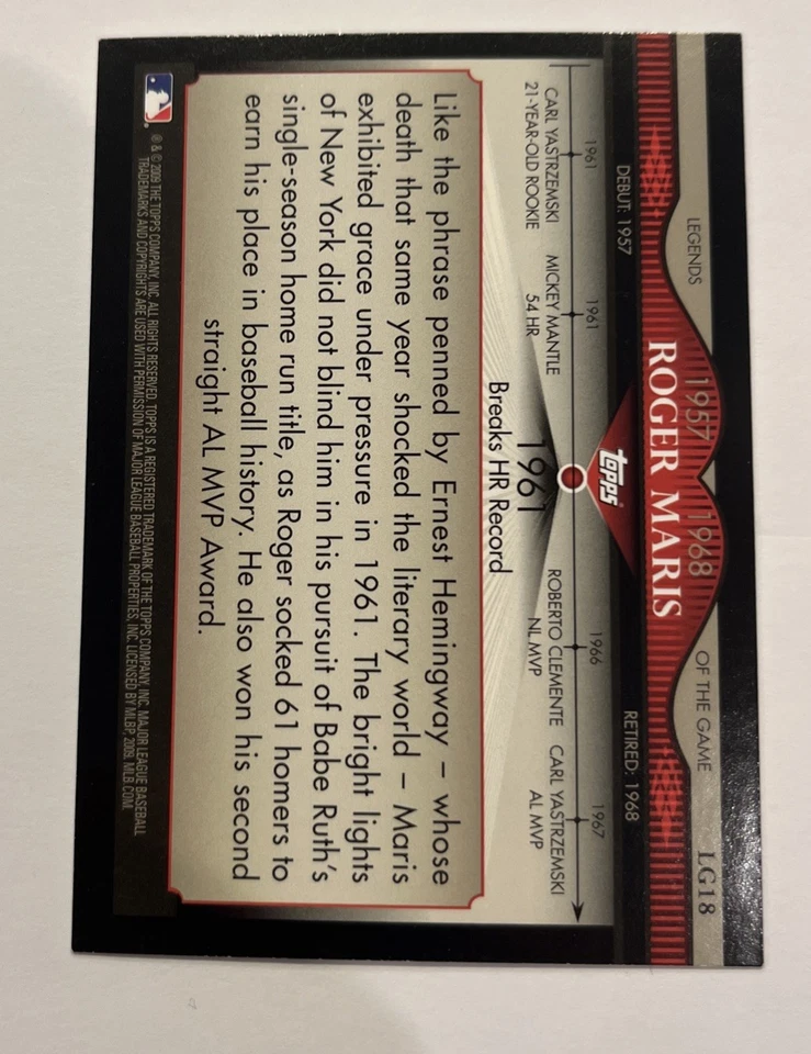 2009 Topps Legends Of The Game Card ROGER MARIS #LG18 🔥 New York Yankees MLB - Image 2 of 3