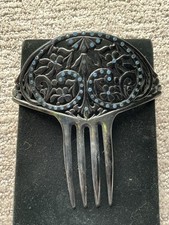 Antique Large Black w/ Blue Rhinestones Hair Comb 5.5  