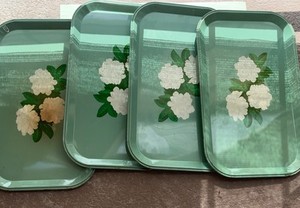 4 Vintage Metal Trays, Floral Green Serving Tray Lap Tray 14" x 8 1/2"