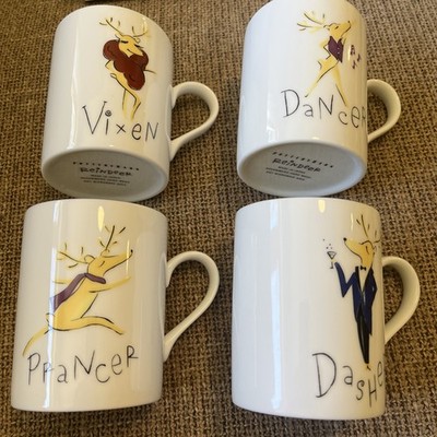 4 Pottery Barn Reindeer Holiday Mugs, Vixen Dancer Prancer Dasher VGC W/Box