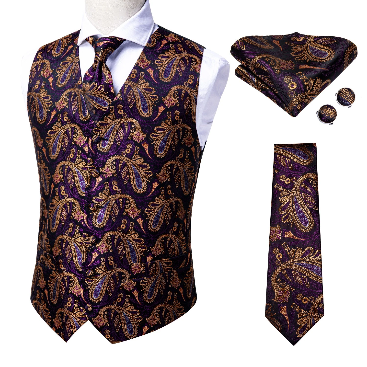 Mens Waistcoat Purple & Orange Paisley Vest Tie Handkerchief Cufflinks Coat