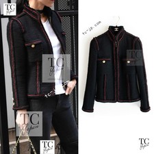 CHANEL Jacket 09PF Black Red Trim Wool Zipper Tweed Karl Lagerfeld 42 US10