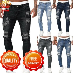 Pantalones Para Hombres De Vestir Elegante Moda Pantalón Vaquero Jeans  Rasgados | eBay