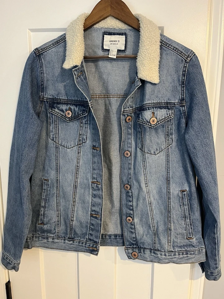 Trucker Jacket Blue Denim Women’s Large Forever 21 Sherpa Collar Farm Western - Image 2 of 4