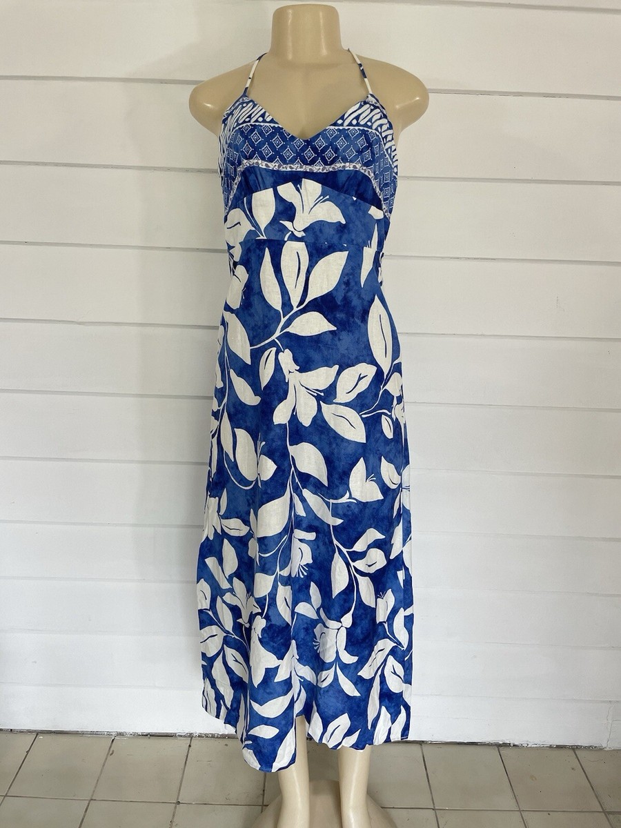 NEW ZARA LINEN MIDI DRESS BLUE WHITE FLORAL SLEEVELESS V