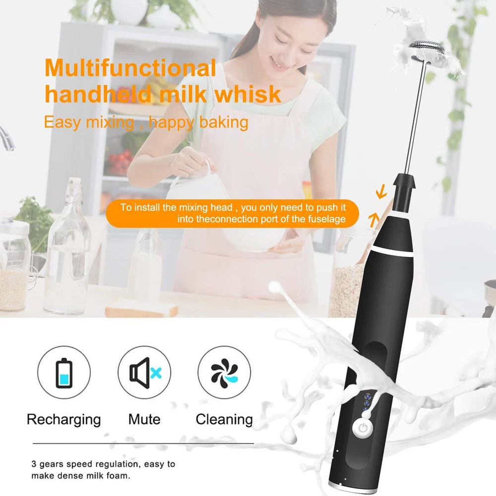 Milk Frother Handheld Rechargeable Whisk Drink Mixer for Coffee with Art Sten...