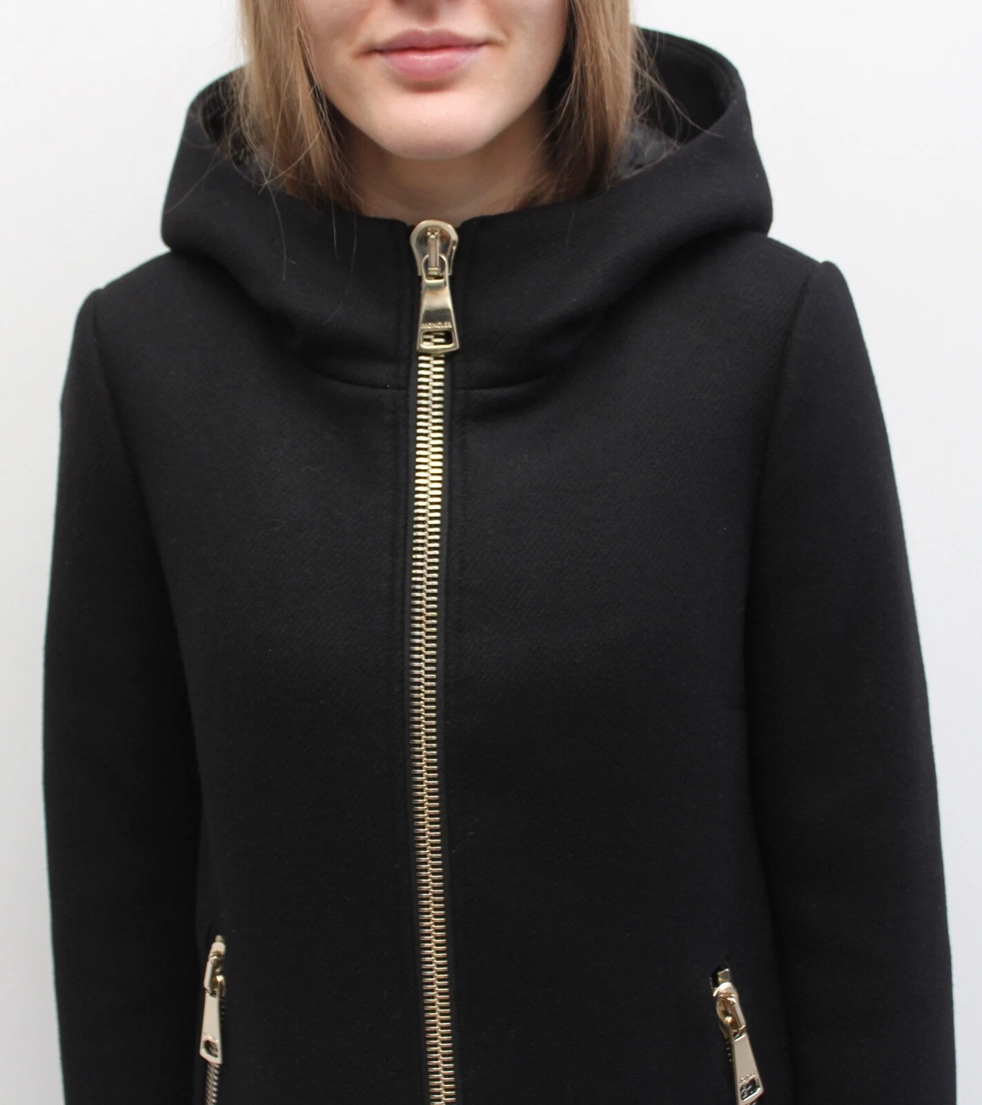 Autentico cappotto giacca piumino lana donna MONCLER Arbu con cappuccio nero 1 S