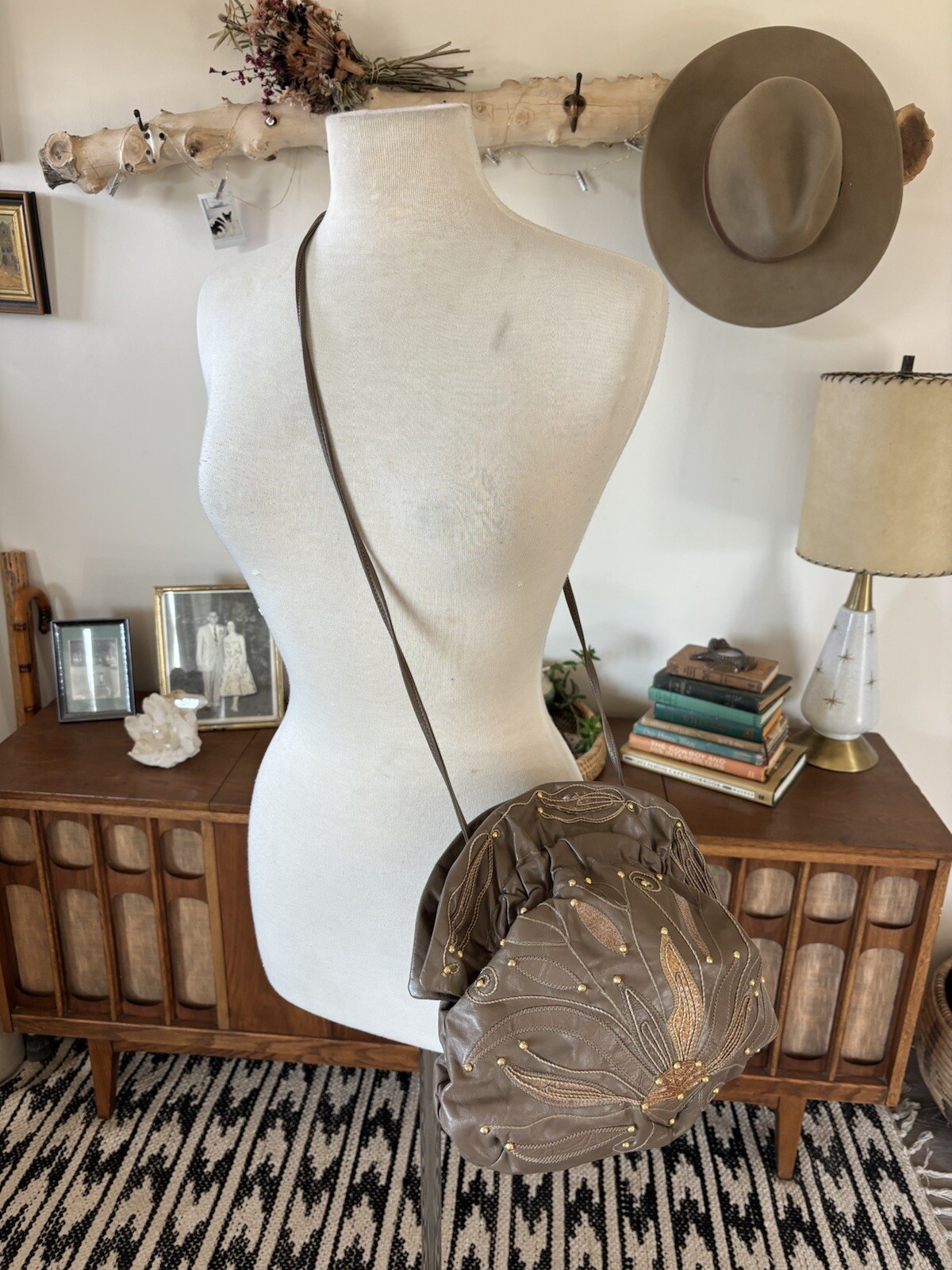 Vintage Leather Studded Clamshell Patchwork Appli… - image 1