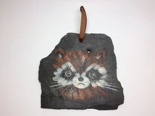 Cute Angry Raccoon Slate Rock Art Artist Signed Nomey Folk Artwork 5.5” x 5.5”