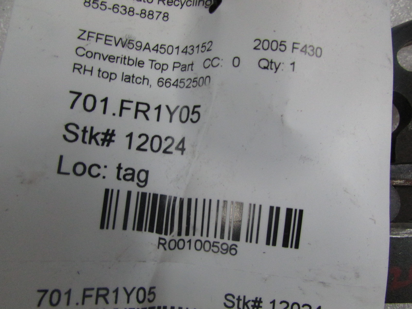 Ferrari F430 Spyder, RH, Right Convertible Top Latch, Used, P/N 66452500