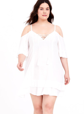 Torrid Ivory Lace-Up Cold Shoulder Tunic Swim Cover-Up Size 1 14-16 NWT