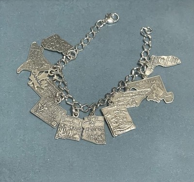 Vintage Sterling Silber Bettelarmband mit State Charms - 29g - Glockenhandel - Sunwest - Estat