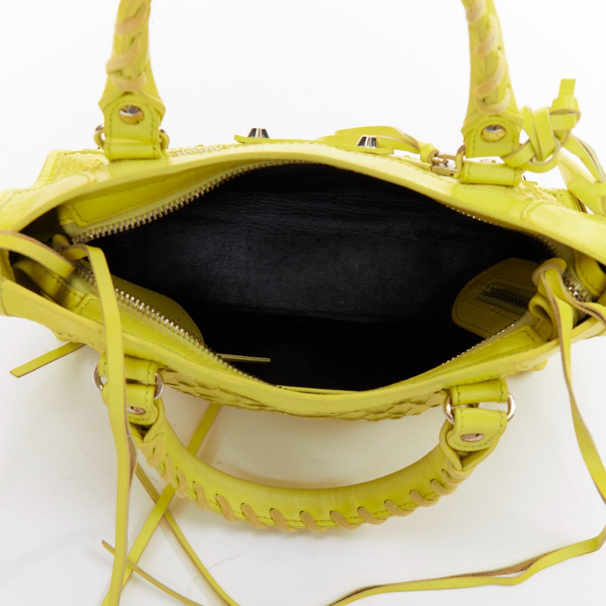 BALENCIAGA City Classic Mini neon yellow scaled leather motocross