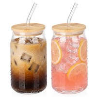 TrinkgläSer Set Glasbecher Bambusdeckel Strohhalm Eiskaffee GläSer 2Er 460Ml