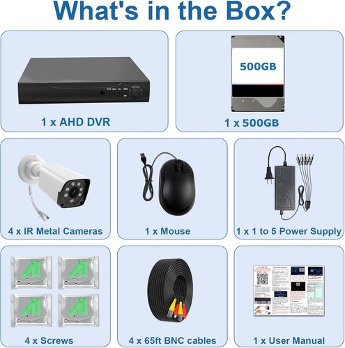 H.265+ 5MP Wired Security Camera DVR Kit 4x Outdoor IR Night Vision 500GB HDD - Picture 2 of 7