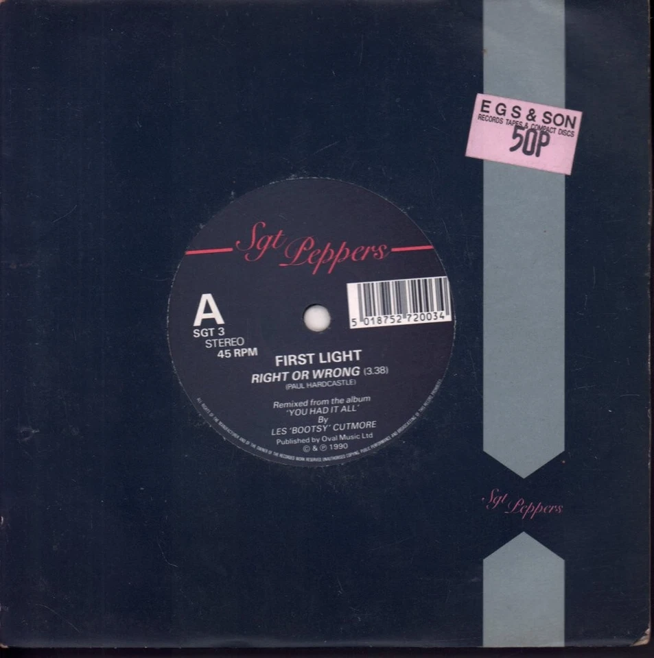 First Light (Dance) Right Or Wrong 7" vinyl UK Sgt Peppers 1990 die cut company, photo 1 of 3