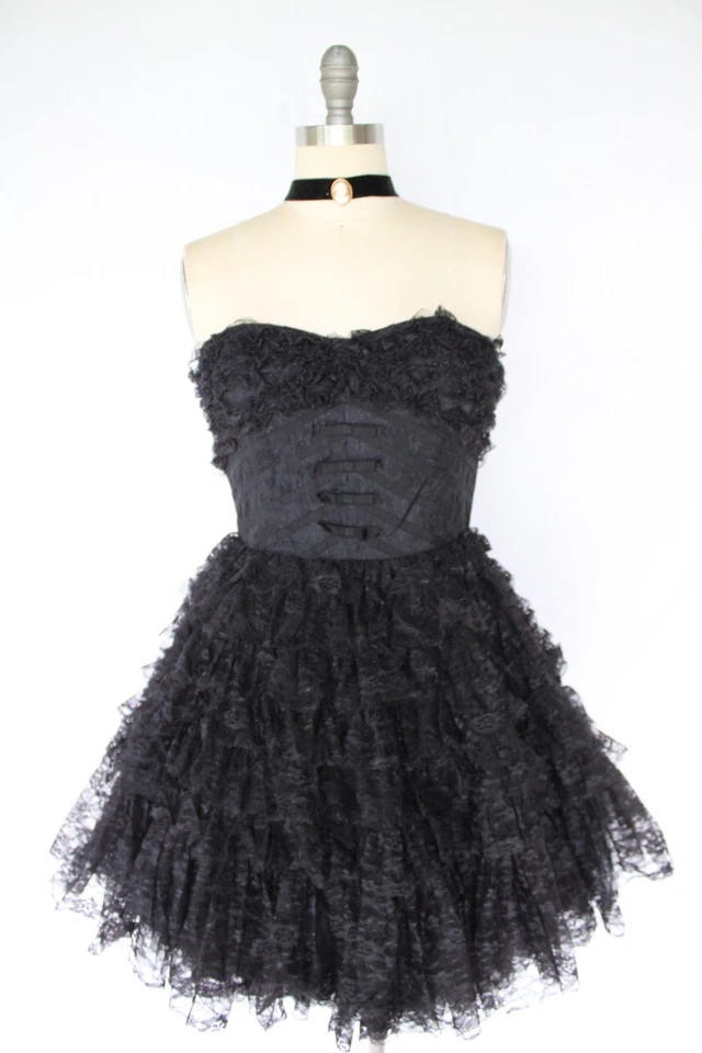 Betsey Johnson Vintage Tea Party Corsé Vestido Negro Encaje Tul Bailarina Tutú Foto 4 de 4