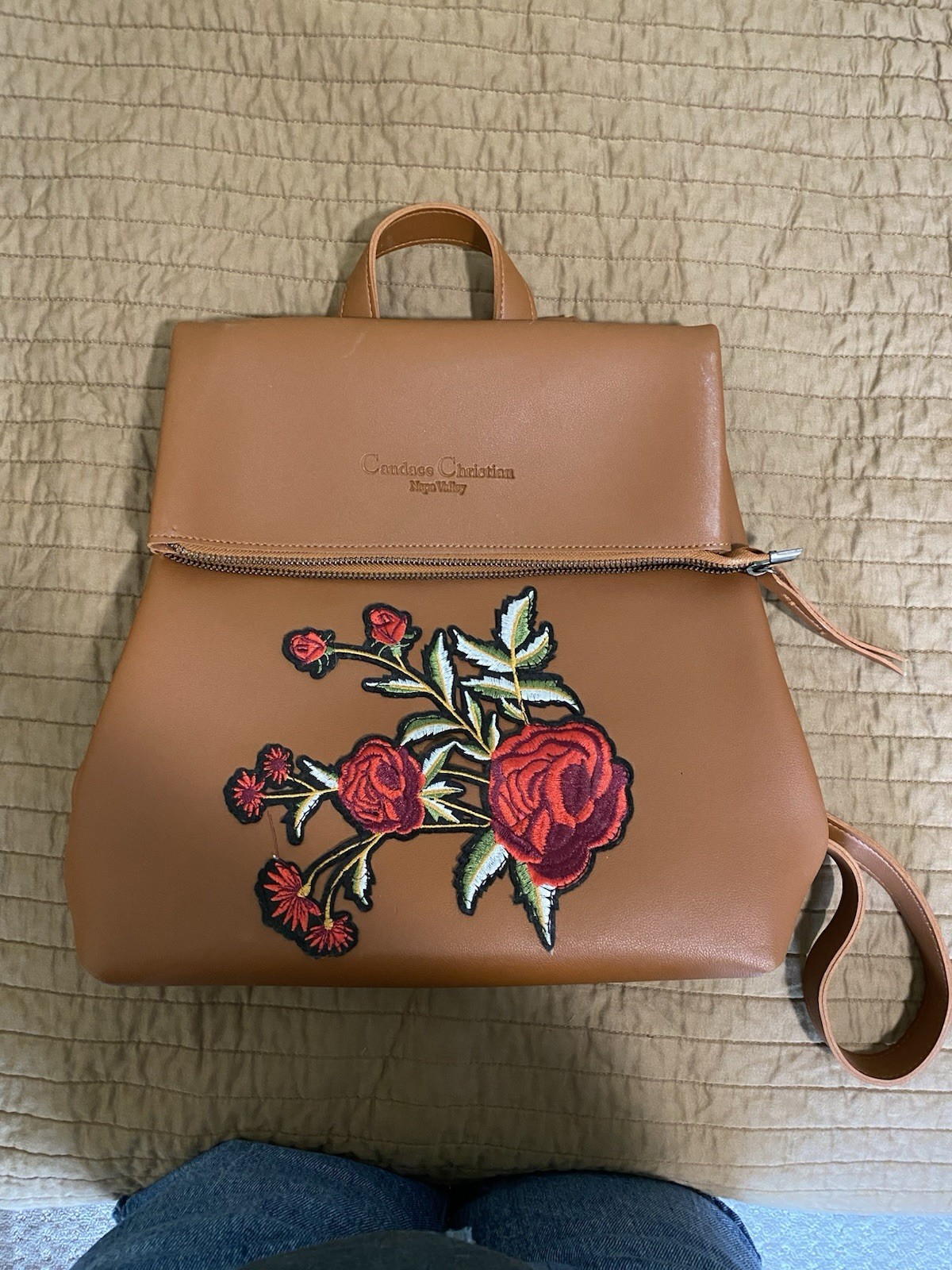 Handcrafted Brown Leather Backpack Rosette Patch … - image 1