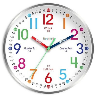 Wall Clock for Kids Learning to Tell Time Easily Non Ticking Battery Operated...
