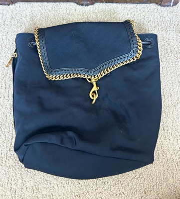 Rebecca Minkoff Black Large Backpack Drawstring Zip Pockets Gold Chain Detail