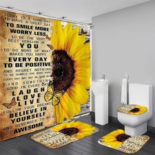 4 PCS Sunflower Shower Curtain Sets with Rugs Inspirational Quotes Bathroom