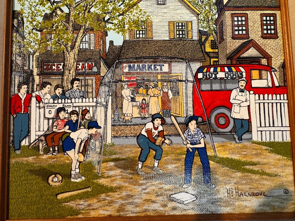 Pintura serigráfica de béisbol vintage H Hargrove Sandlot con marco lienzo 12x16 Foto 3 de 3