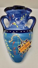 Maceta colgante de pared Talavera de cerámica artesanal con asas de 10" azul jardín patio NUEVO