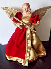 Vintage 12" Ceramic Angel Christmas Tree Topper Velvet BurgundyRed&Gold Dress