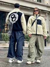 American high street black eight ball fleece lamb wool zipper jacket coat New