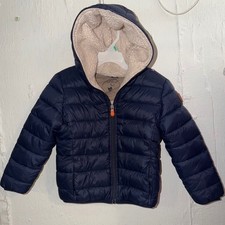 Save The Duck Kids Navy Blue Ultra Light Puffer Jacket Faux Shearling Hood 4Y