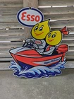 HUGE VINTAGE ESSO HAPPY MOTORING PORCELAIN BOAT SIGN SIGN 30 X 25.5  NICE COLORS