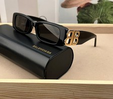 New Balenciaga BB0096S Black/Grey Lens Gold BB Rectangle Unisex Sunglasses