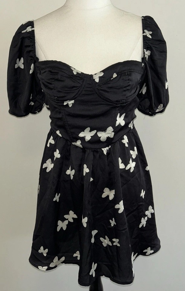 AVA & EVER Women’s Mini Dress Sz 8 Party Butterfly Print Shirt Puff Sleeves VGC