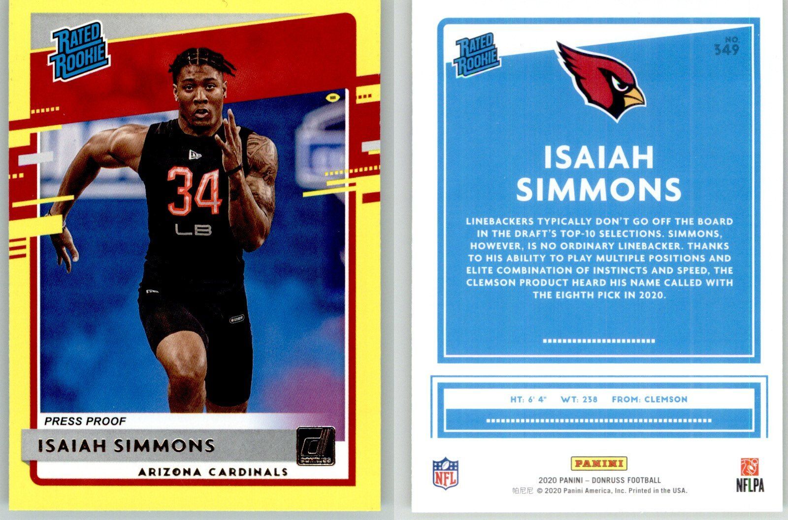 Isaiah Simmonds Isaiah Simmons 2020 Donruss Press Proof Yellow #349 Cardinals RC Rookie ...
