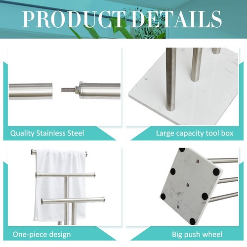 3 Tier Standing Towel Rack with Marble Base , Bathroom Freestanding Steel Holder - Picture 6 of 12